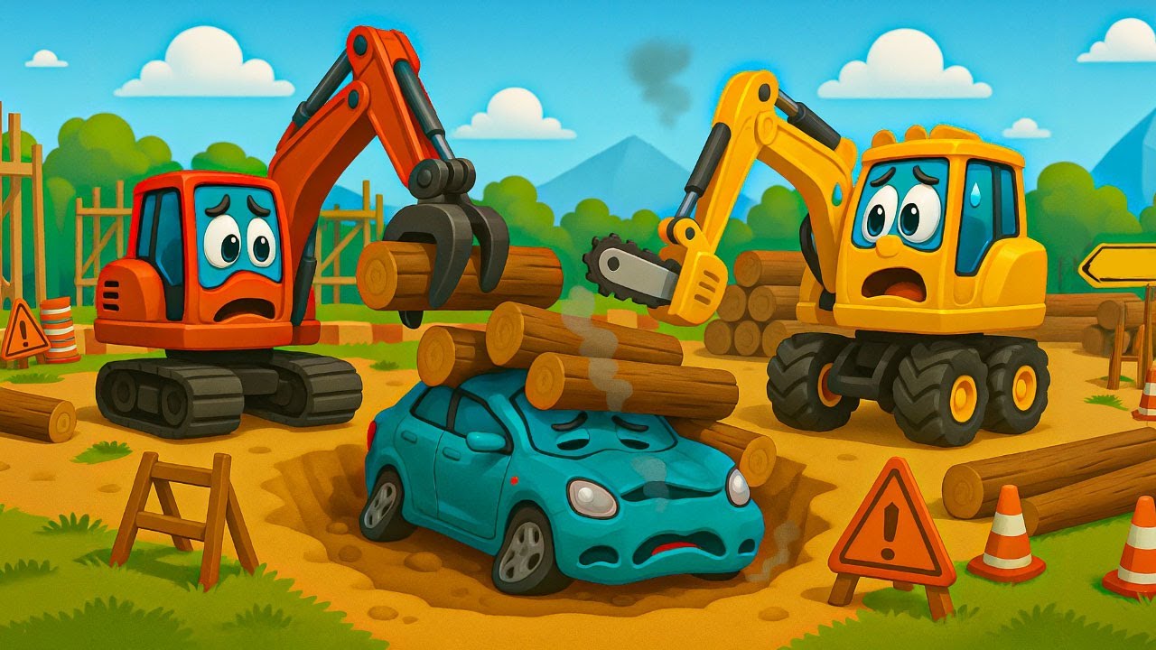 Crane Truck and Wood Cutter Rescue Car Crushed by Logs | Vehicles Animation