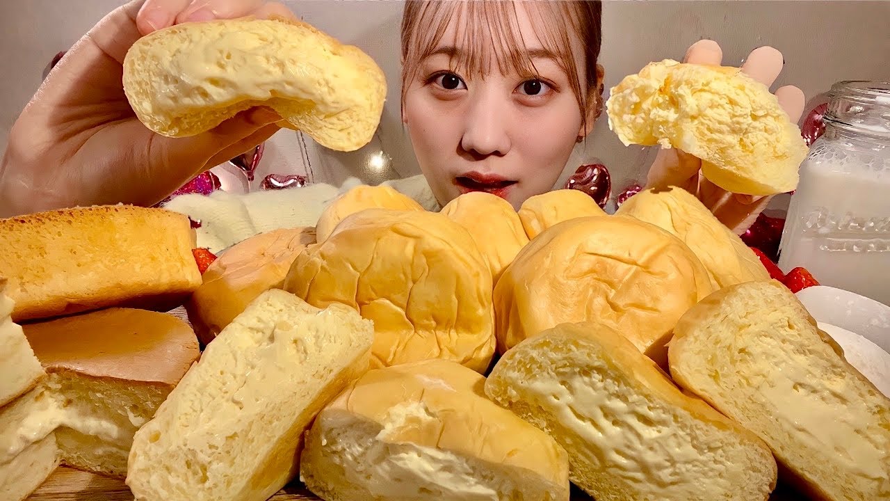 ASMR хлеб со сливками кремовый шифоновый бисквит Крем Дайфуку【Mukbang/ Eating Sounds】