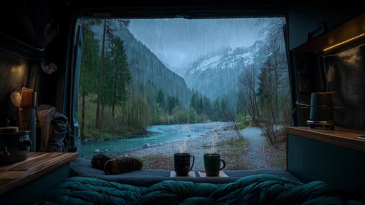 Find Calmness  with Rain Inside Campervan with Mountain Lake 🚐 Discover Peaceful Sleep with Rain