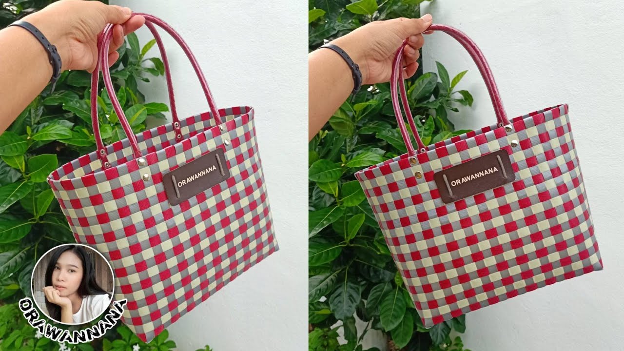 กระเป๋าสานจากเส้นพลาสติก สีแดง ขนาด 26×11สูง 24 ซม. | Weave a bag from plastic line