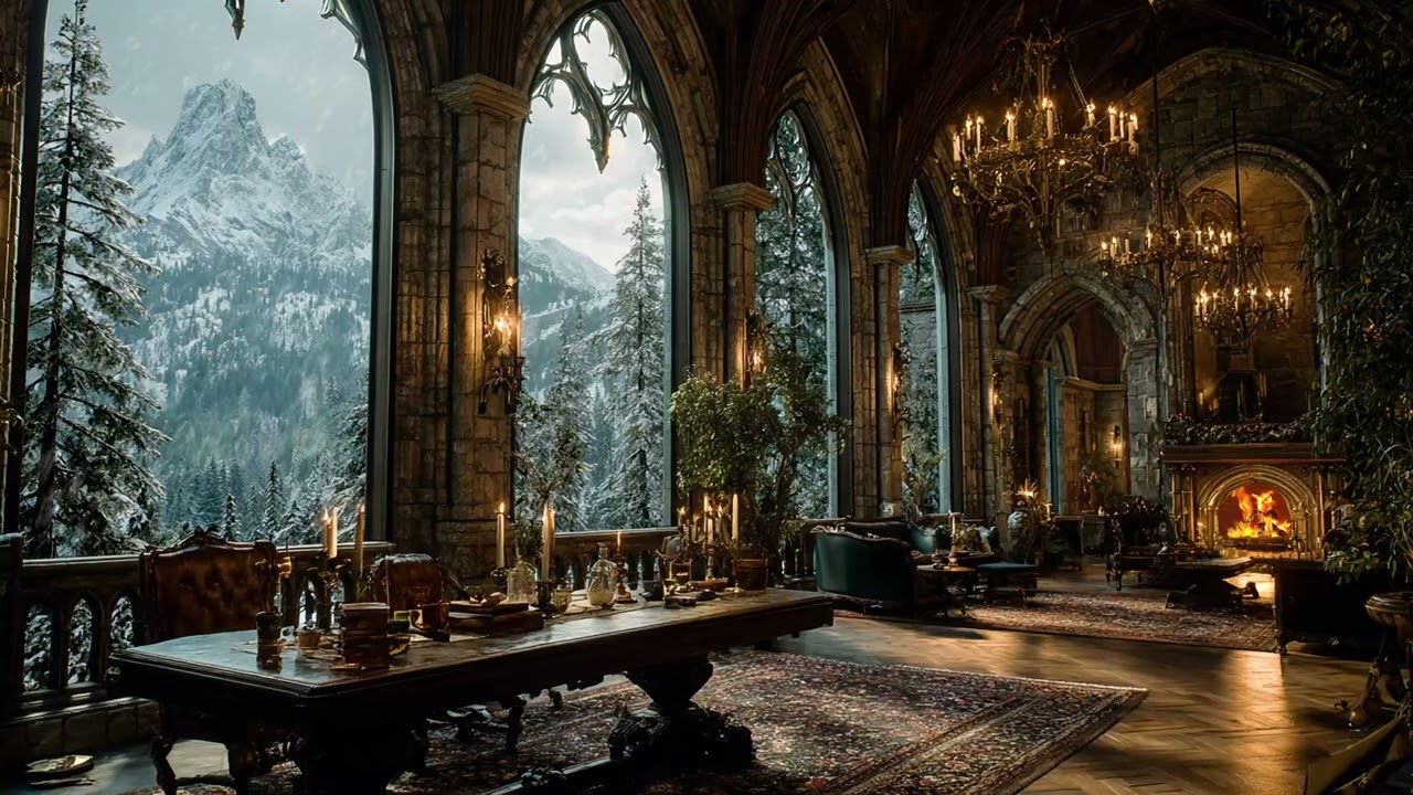 Castle Window Snowfall | Quiet Winter Air and Soft Glow | Relax and Dream Peacefully