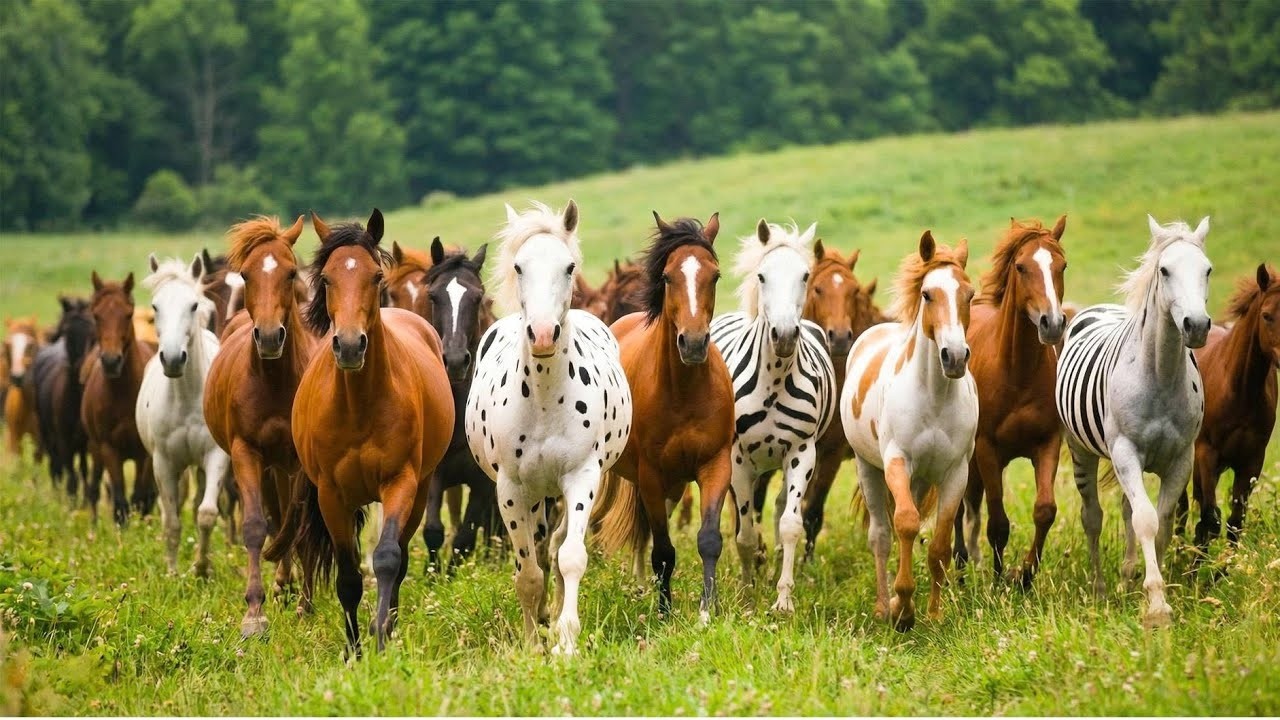 ASMR  - Large, colorful horses in a cool, green pine forest - Horse neighing sounds - Horse videos
