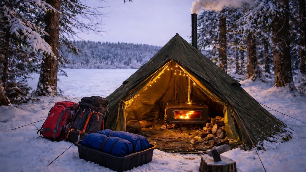 Winter camping with a hot tent by the lake (at -5°C)