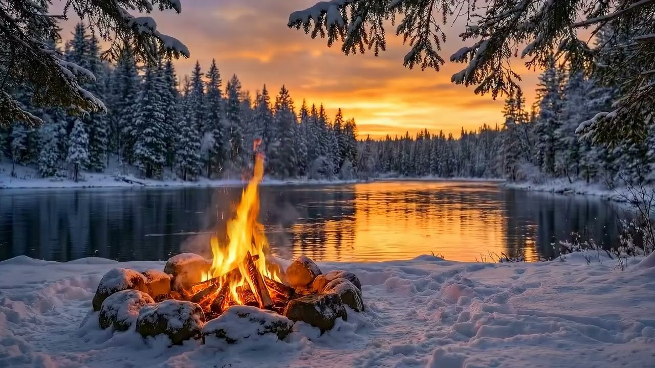 Frosted Winter Campfire ❄ 🔥 Warm Sunset Glow & Peaceful Nature