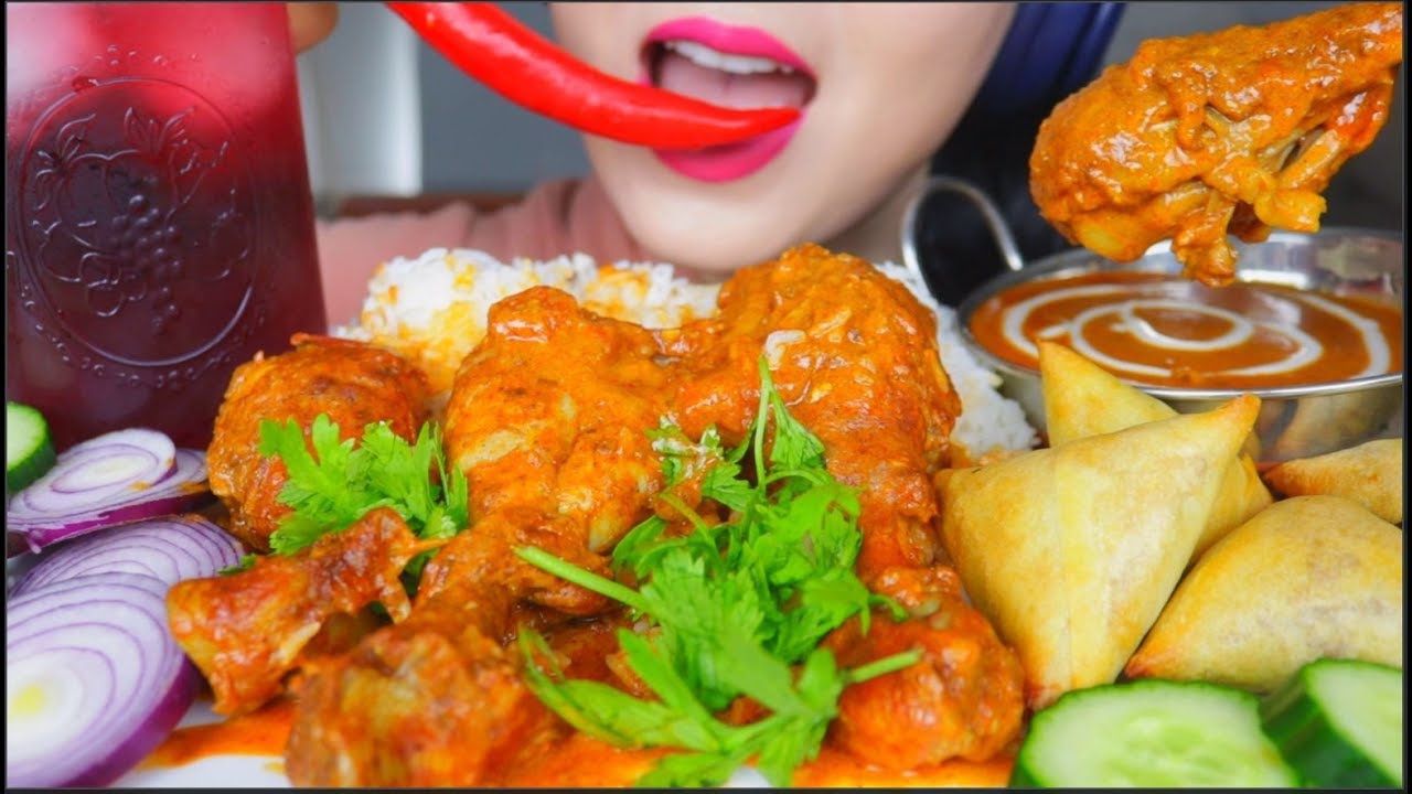 ASMR BUTTER CHICKEN CURRY + SAMOSA + CHILLI + ONION + RIBENA |   咖喱饭 咀嚼音 먹방