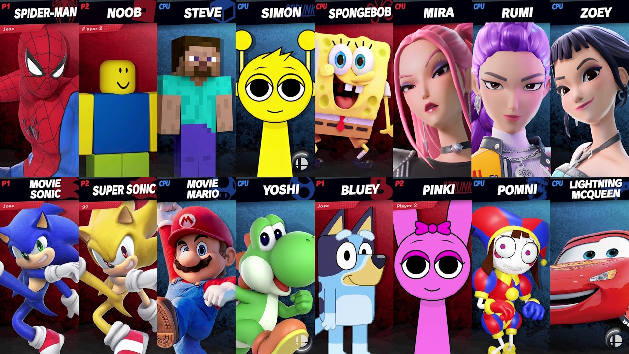 Sonic vs Mario vs Spider-Man vs Roblox vs Minecraft vs Car vs Fortnite | Super Smash Bros Ultimate