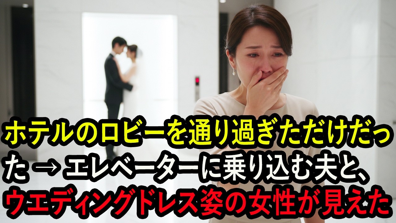 ホテルのロビーを通り過ぎただけだった → エレベーターに乗り込む夫と、ウエディングドレス姿の女性が見えた