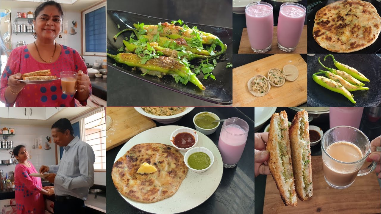 almost घरोमे common +Breakfast🍱 DOUBLE MASALA aloo paratha🌺 aloo sandwich🌺 bharwa mirchi🌺 rose lassi