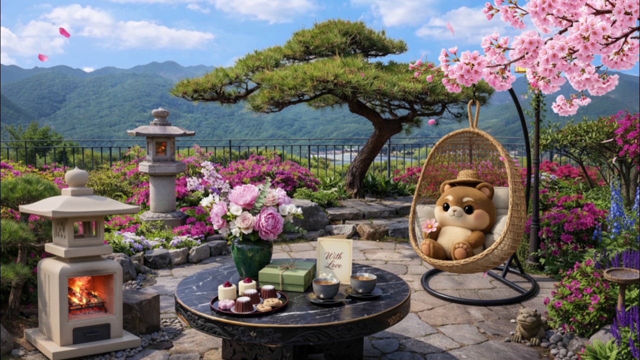Spring Jazz by the Fireplace 🌸 Romantic Sakura Garden Terrace | Relax, Tea & Cozy Vibes