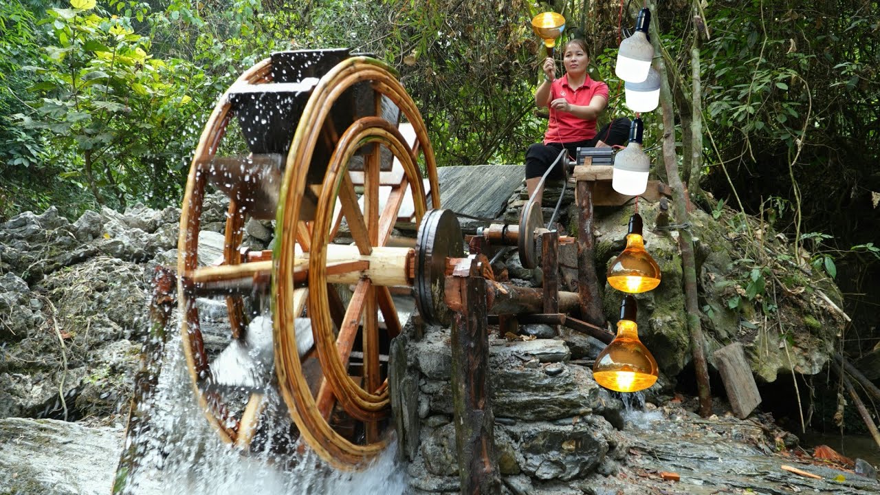 Construction - Completion Process Of The Waterwheel Hydroelectric Extremely Powerful In The Forest 