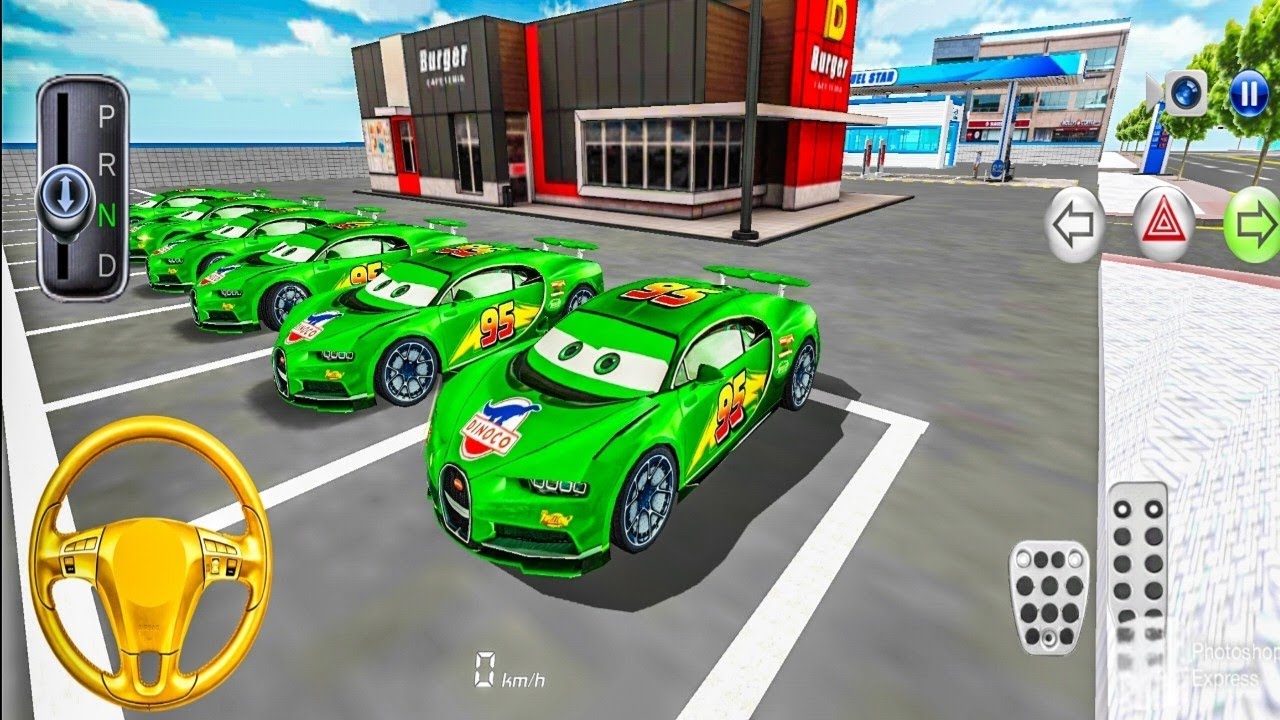 Ultimate vehicle Collection New sports Car green Buggati chiron parking gas station–3d driving class