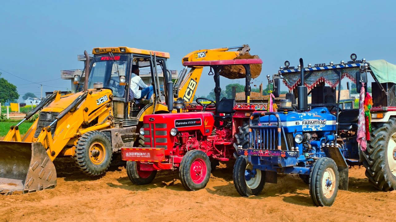 JCB 3dx Eco and Tractor New Pond Making together in My Village Farmtrac 60 Mahindra 575 Eicher 380