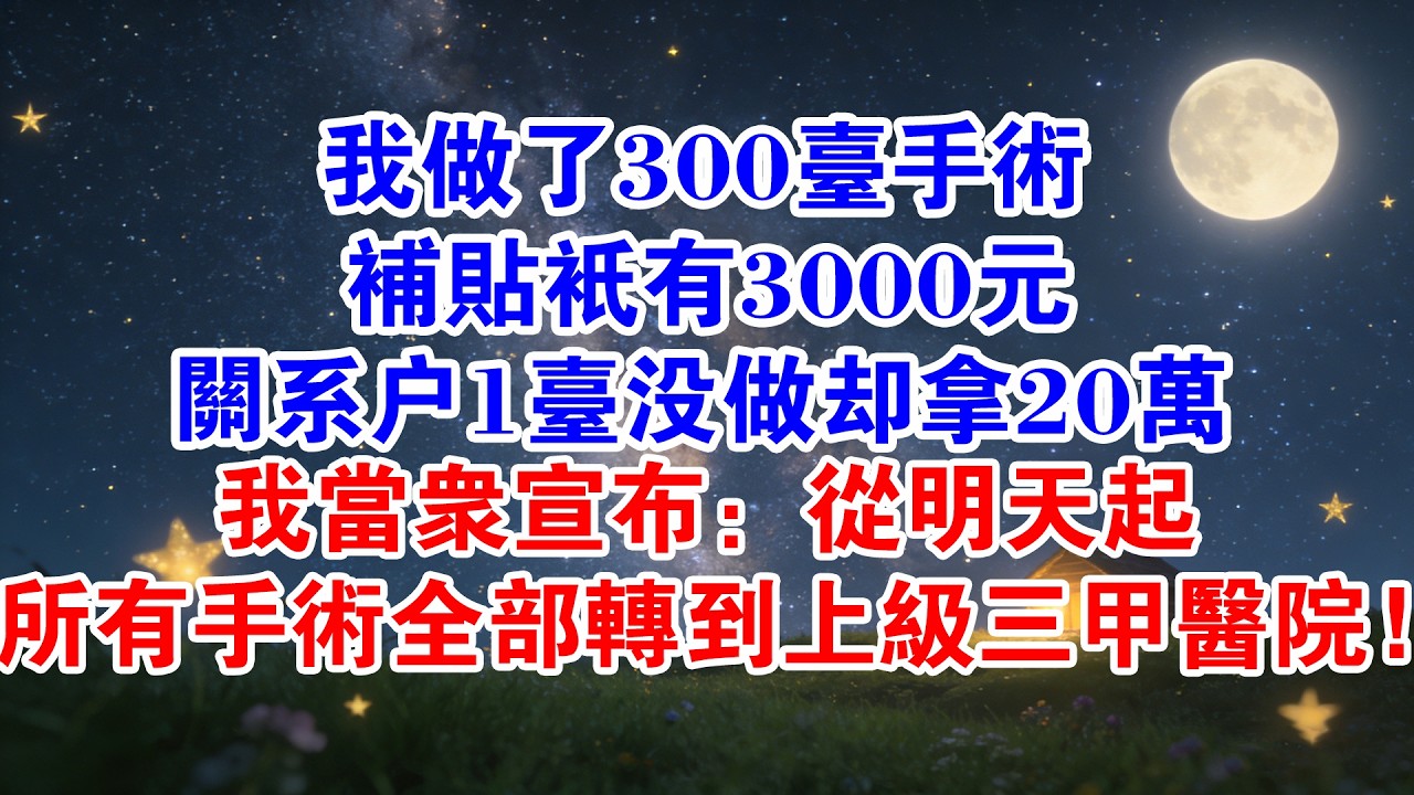 我做了300臺手術，補貼只有3000元，關係戶1臺沒做卻拿20萬。我當眾宣佈：從明天起，所有手術全部轉到上級三甲醫院！#情感故事 #故事分享 #職場 #爽文 #打臉 #爽文大女主 #大女主