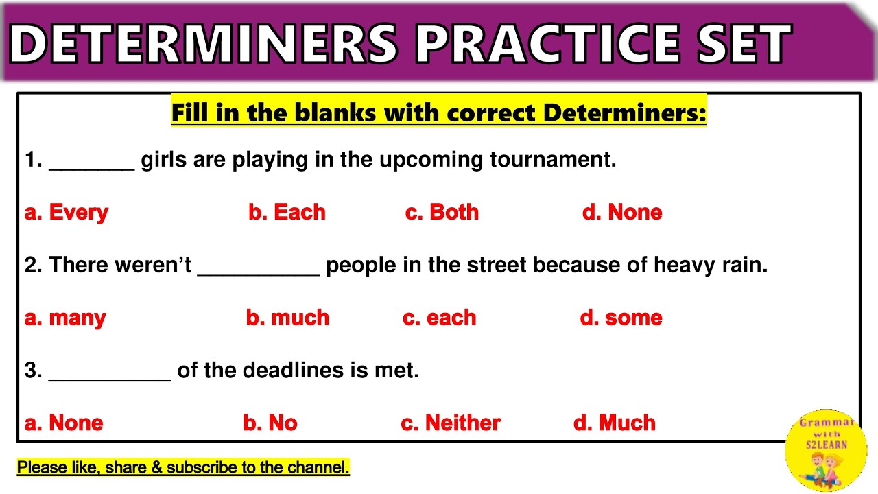 Determiners| Determiners in English Grammar| Determiners Practice Questions| S2LEARN