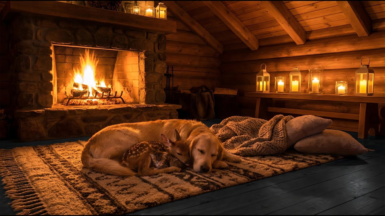 Cozy Attic Fireplace Ambience Sleeping Dog, Fawn & Kitten | Crackling Fire Sounds for Sleep