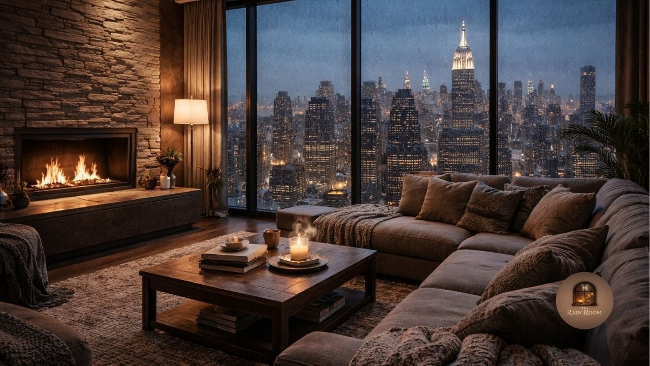 Cozy Rainy Night in a Warm Living Room ☕ Fireplace Sounds with Relaxing Ambient Music (3 Hours)