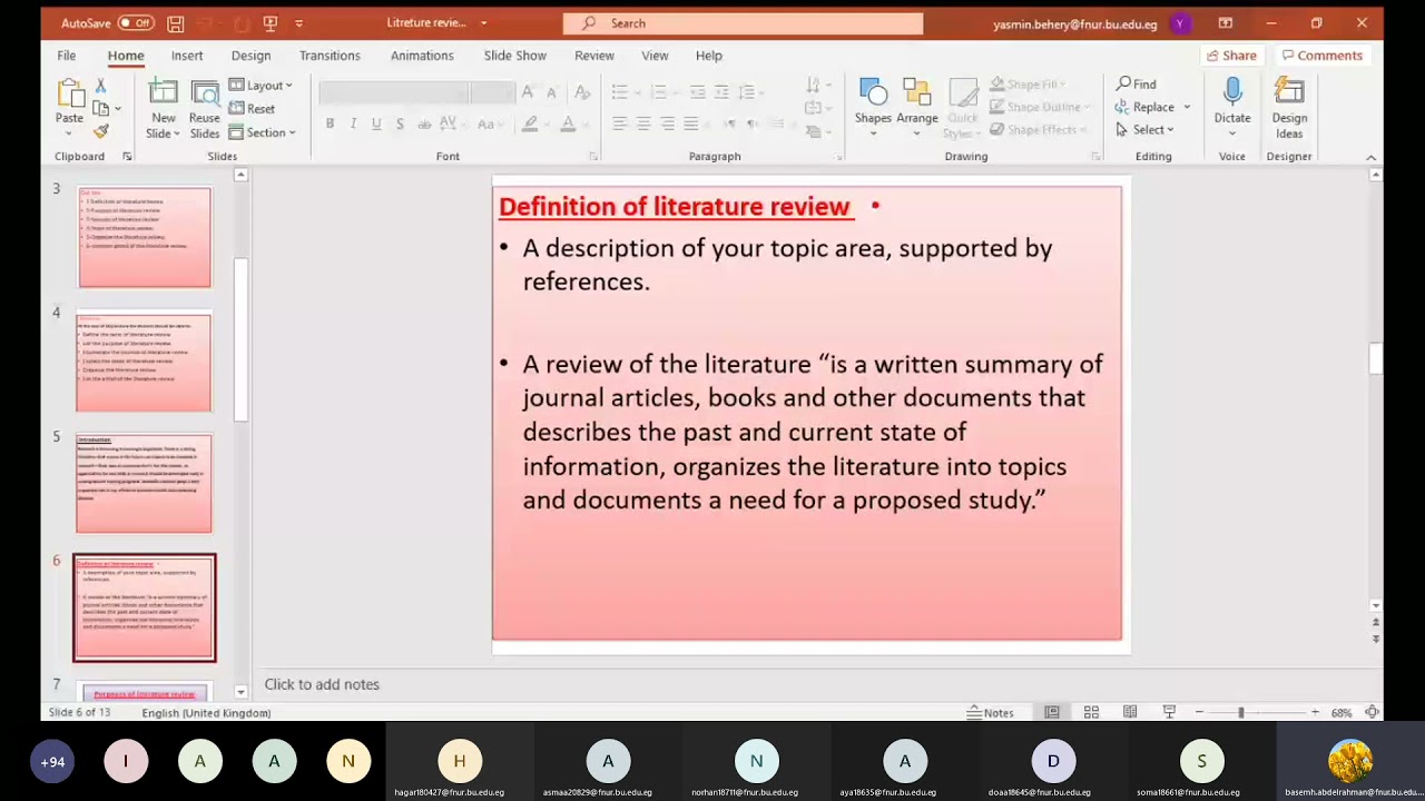 محاضرة طرق بحث بعنوان LITERATURE REVIEW للفرقه الثالثه د/ باسمه عبد الرحمن