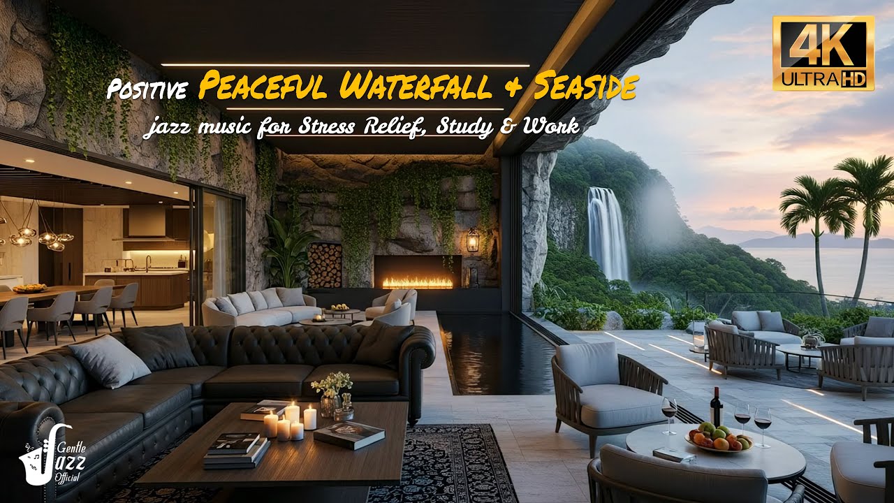 Peaceful Waterfall & Seaside | Morning Jazz with Nature Therapy for Stress Relief, Study & Work