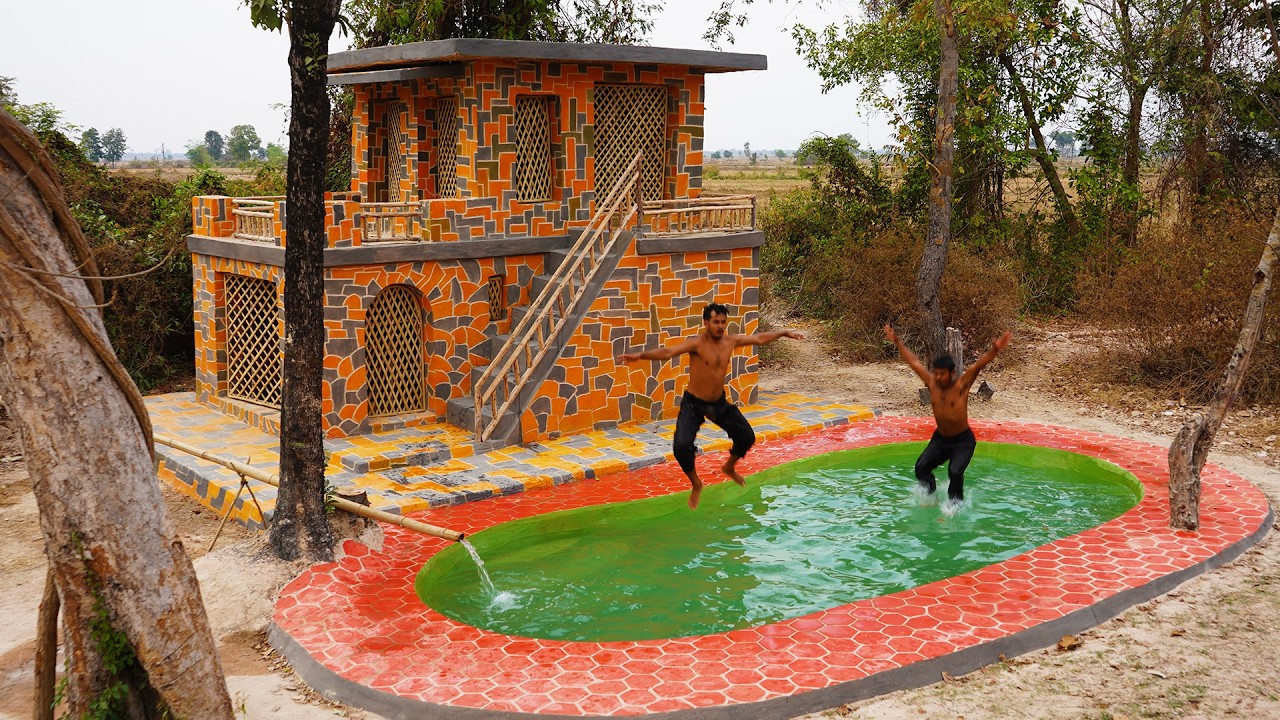 2 Man Build Color Stone Villa With Underground Swimming Pool Design