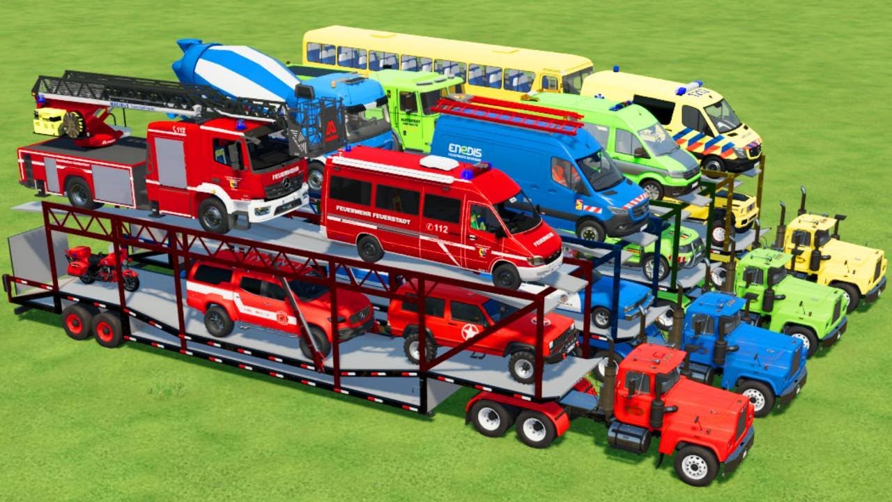 TRANSPORTING POLICE CARS, AMBULANCE, FIRE TRUCK, COLORFUL CARS WITH TRUCK  -FARMING SIMULATOR 22!