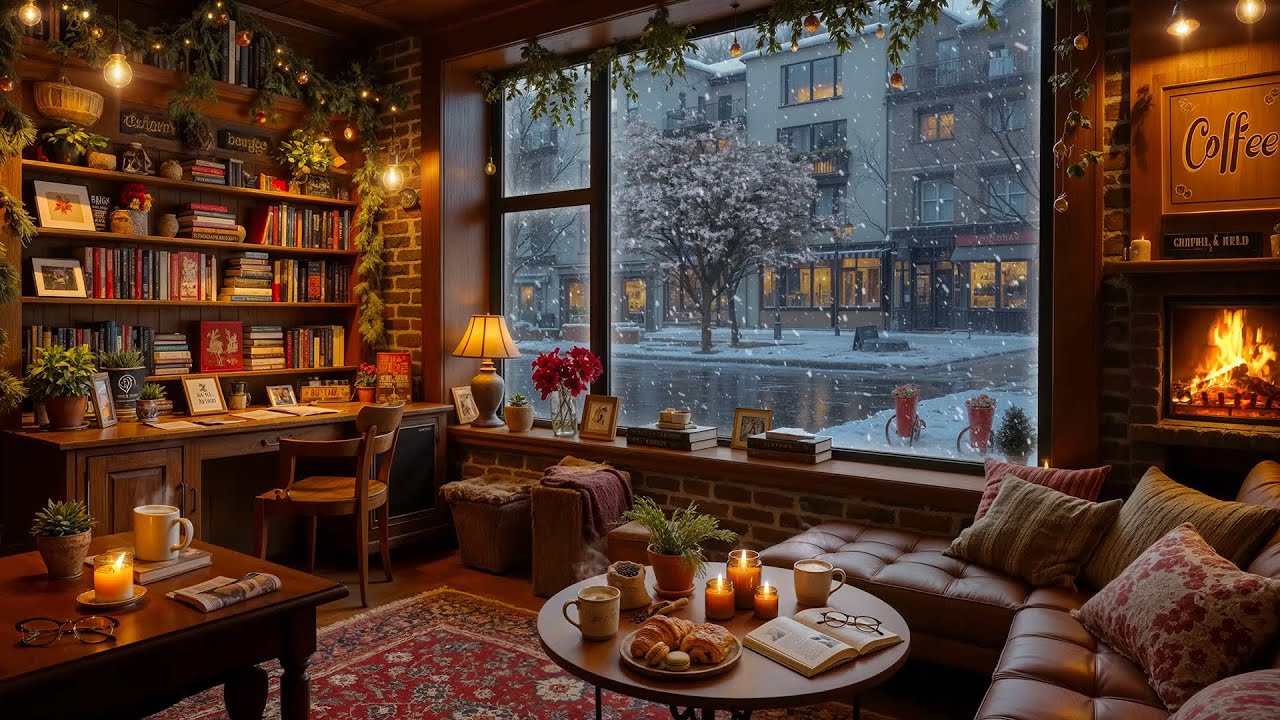 Peaceful Jazz Music with Snowy Ambience ☕ Warm Bookstore Coffee Shop & Crackling Fireplace to Relax