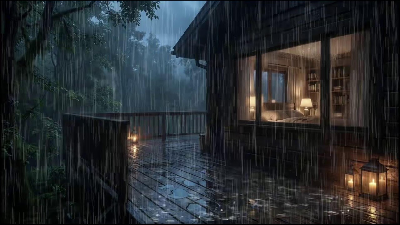Soft rain by a cozy forest cabin, midnight rain soundscape guiding sleep ease and insomnia comfort