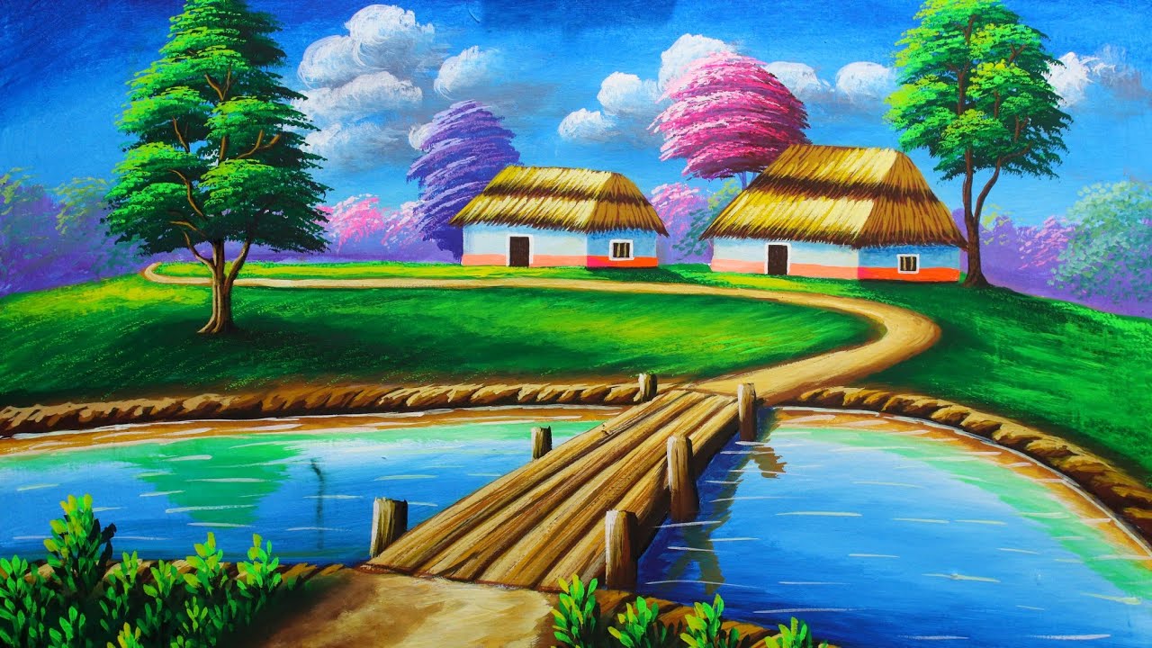 Painting a Landscape of a village | village nature drawing painting