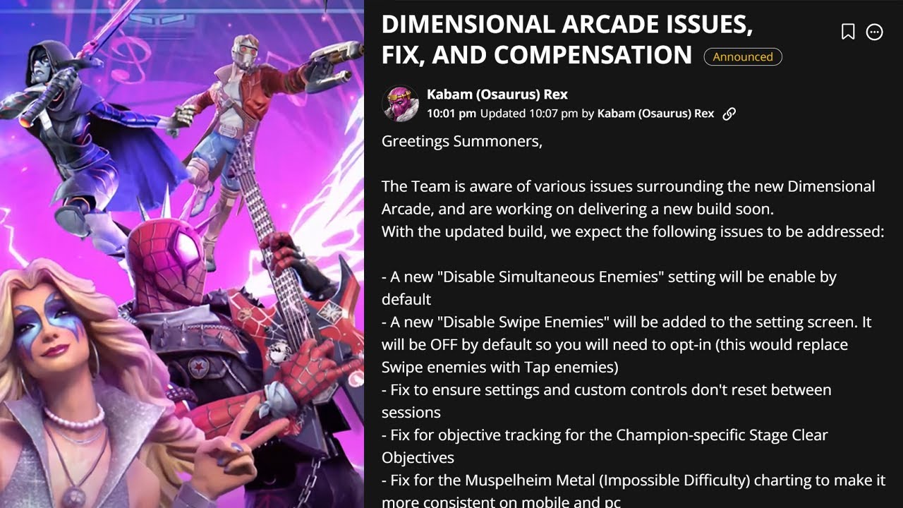 Dimensional Arcade: Подтверждение проблемы | Улучшения кнопок | Компенсации и многое другое | MCOC