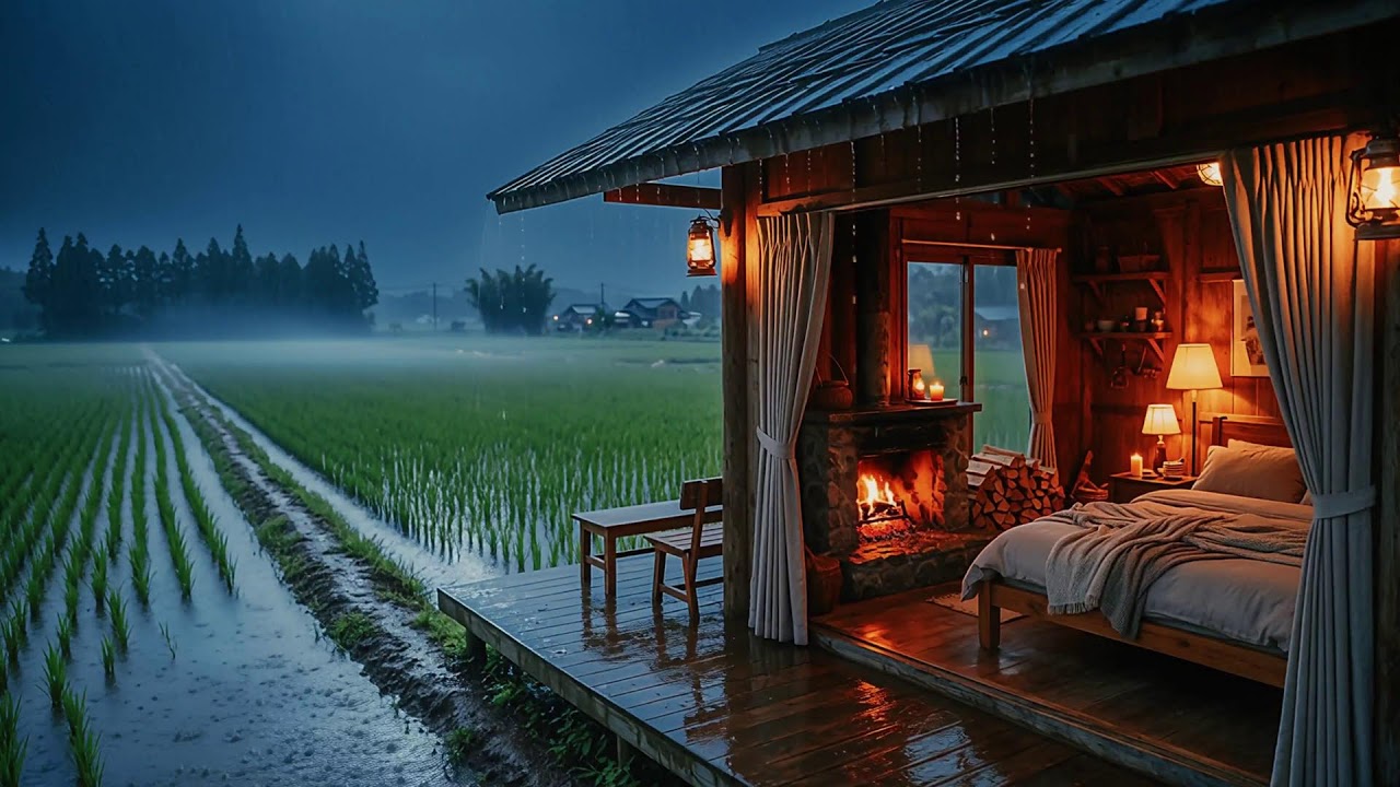 Rain on Roof & Crackling Fire }  in Jungle Hut   for Insomnia Relief   Relaxing Ambience