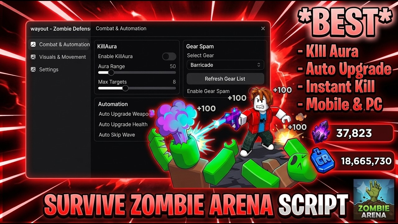 Survive Zombie Arena Script - Instant Kill Aura, Auto Upgrade, Auto Farm & More