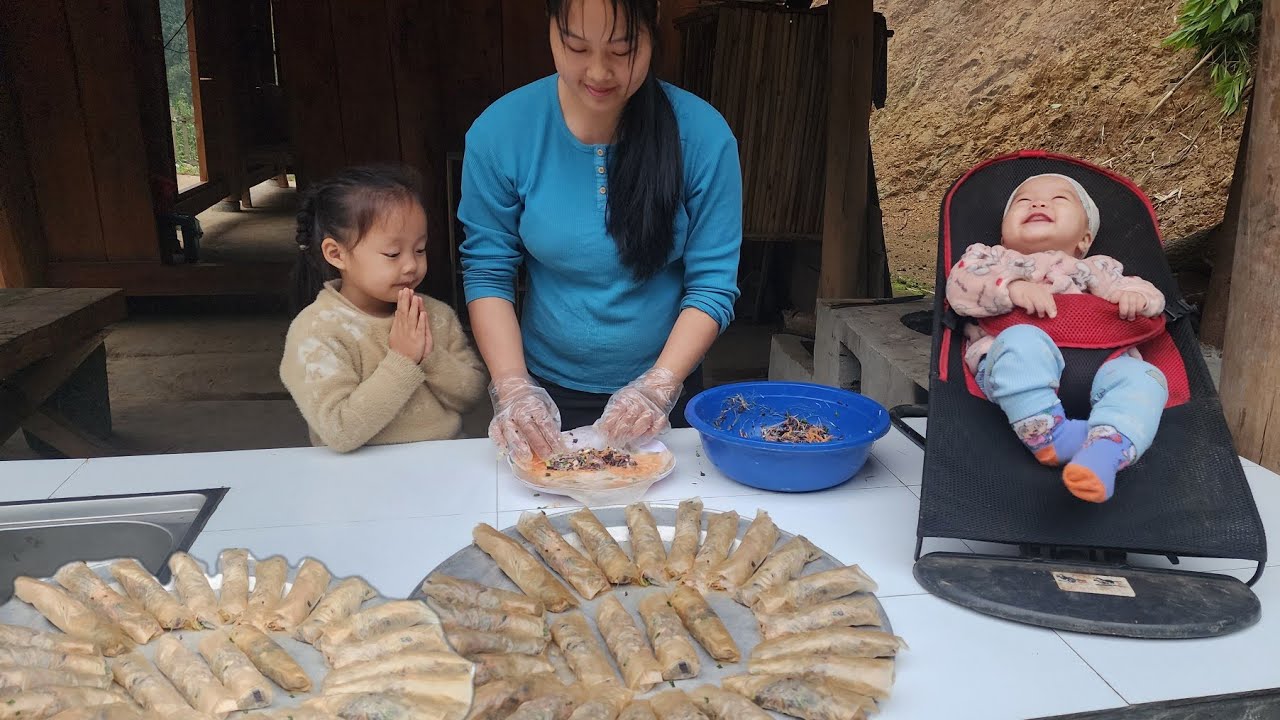Harvesting apples. Making traditional spring rolls with my two daughters.