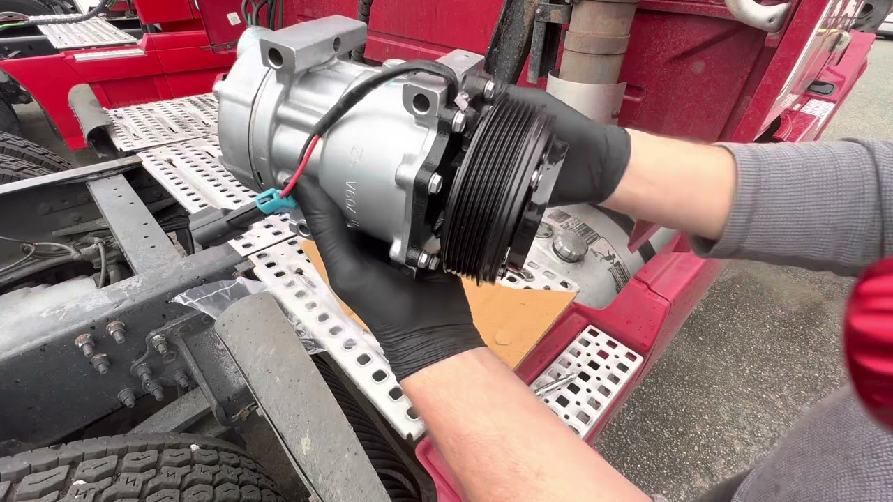 AC Compressor replacement on Cummins ISX Volvo Freightliner Peterbilt Kenworth. Mechanics shop ASMR.