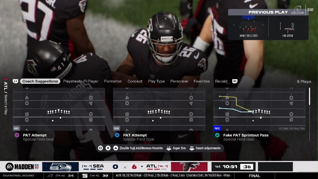Madden NFL 26 FFY6 divisional round playoffs Falcons Seahawks First Half