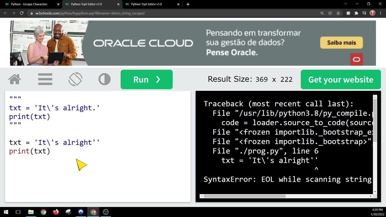 W3shools Python   Escape Characters