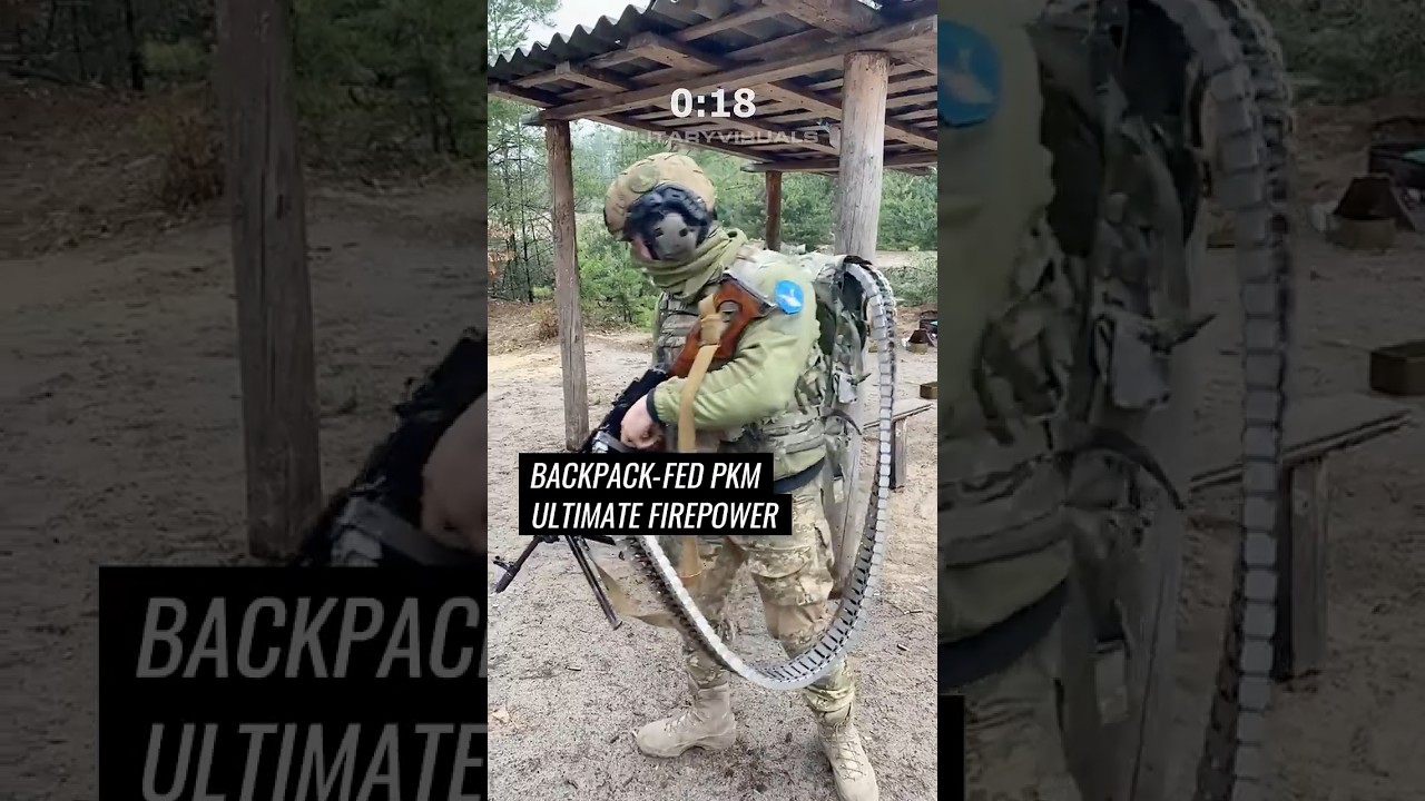 Ukrainian Soldier Operates Backpack-Fed PKM Machine Gun