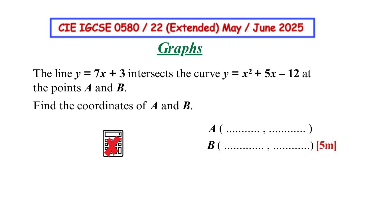 Прямая y = 7x + 3 пересекает кривую y = x² + 5x – 12 в точках A и B.
