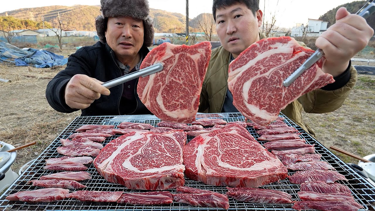 🔥Корейская говядина Hanwoo рибай и рёбра на углях на открытом огне🥩 - Mukbang шоу еды