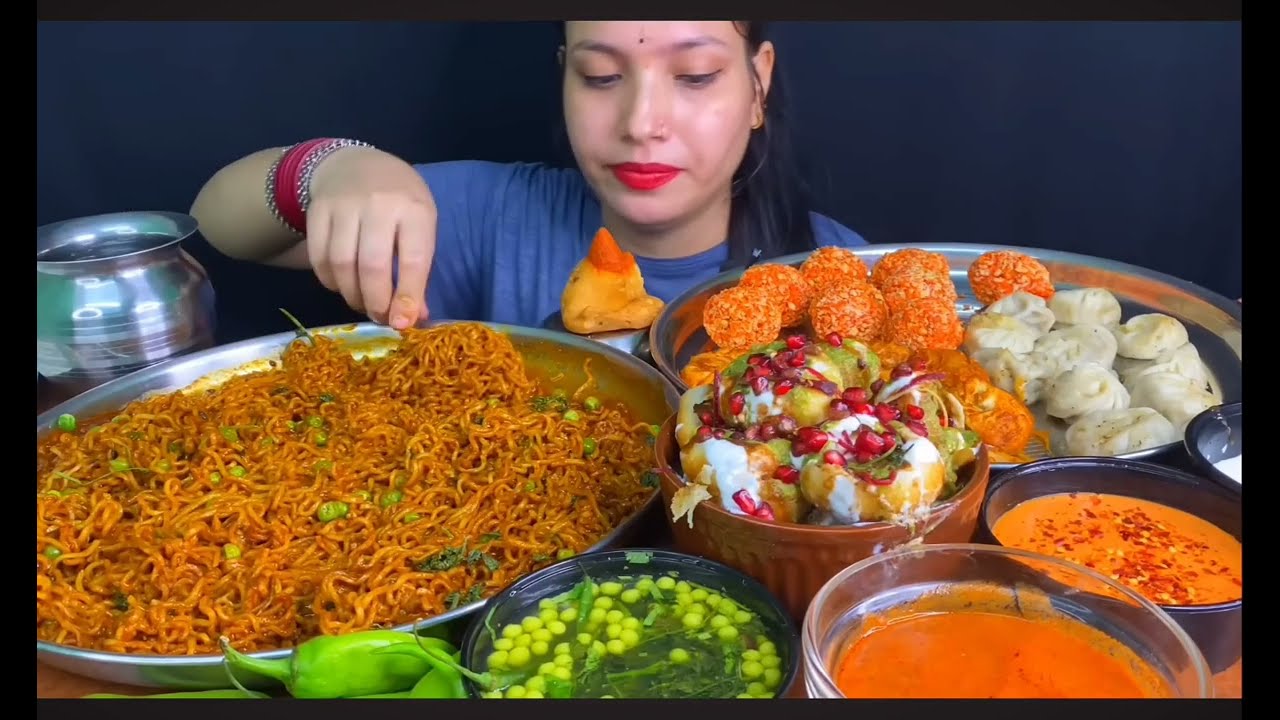Dahi puri with masala maggi & momos 🥟 eating challenge|| 