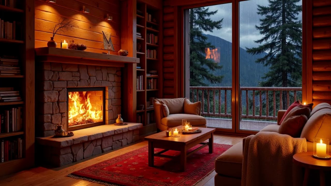 A Quiet Cabin Night with Rain on the Windows and Soft Piano Jazz by the Fire