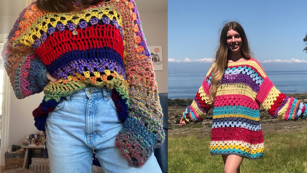 Easy oversized sweater. Happy Hippy Sweater crochet tutorial, how to make an Colourful sweater.