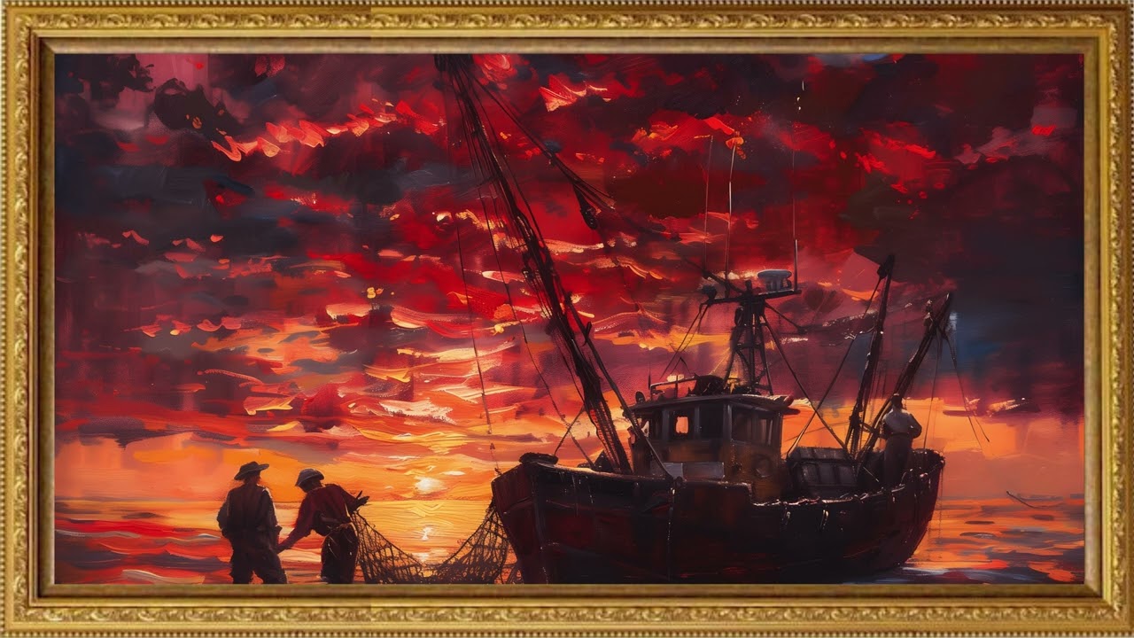 Screensaver💕 Pintura de c POR DO SOL NAVIO AO MAR | Protetor de ecrã gratuito para TV sem som