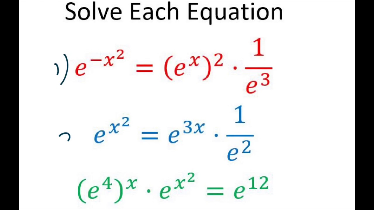 Solve each Exponential Equation with Base e. Including Factorization e^(x^2) = e^(3x) times 1/e^2