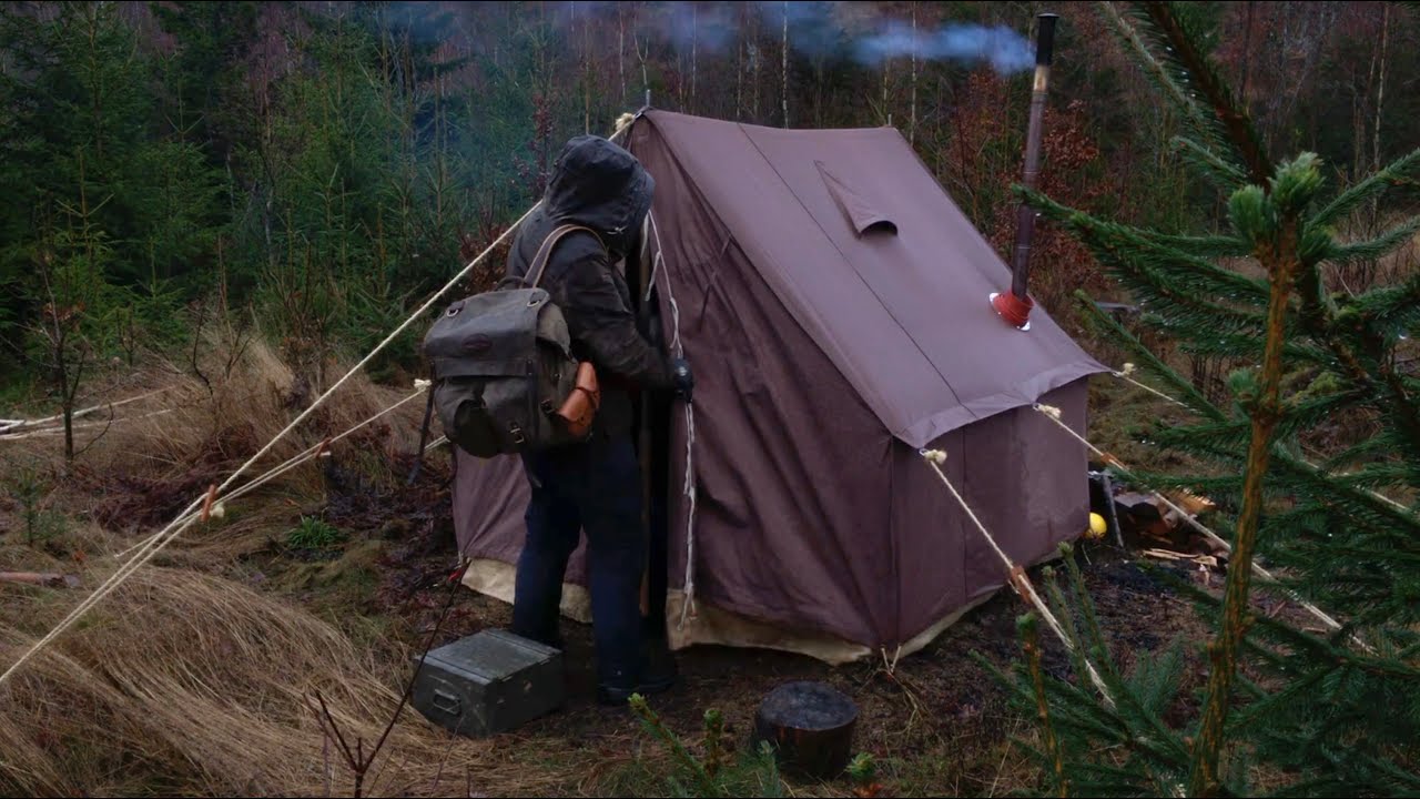 3 Days Winter Camping - Old school canvas wall tent, bushcraft base camp, snow blizzard, wood stove
