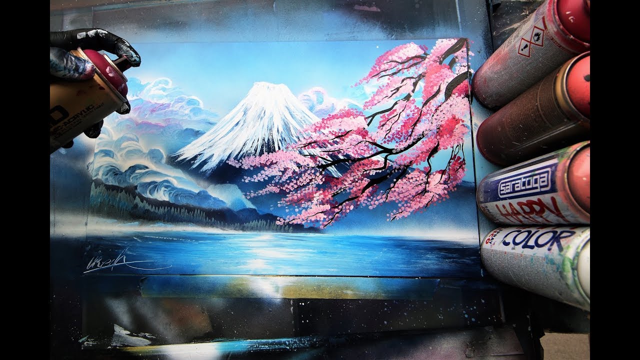 Fuji mount cherry blossom - SPRAY PAINT ART - by Skech