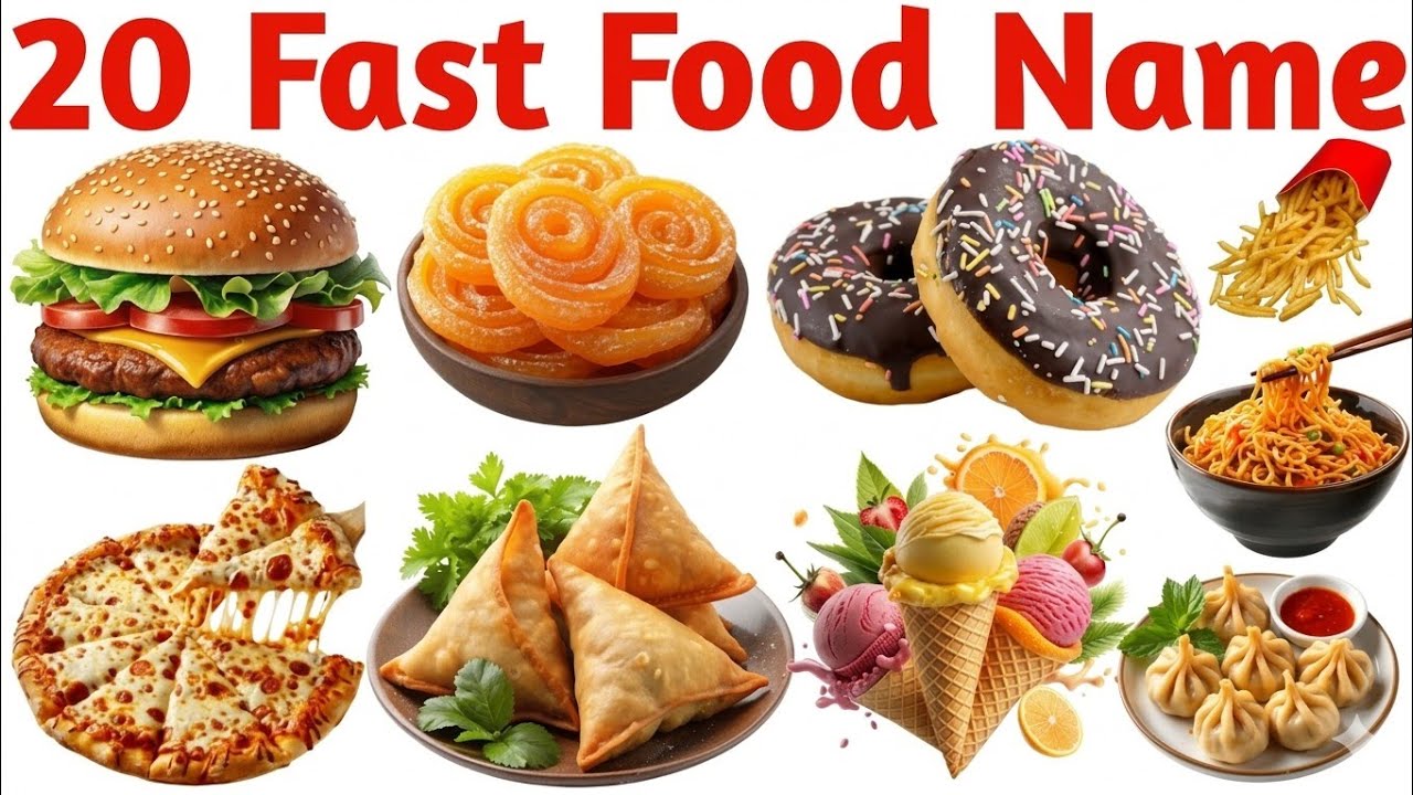 20 Fast Food Names for Kids | English Vocabulary Learning Video for Toddlers and Preschoolers