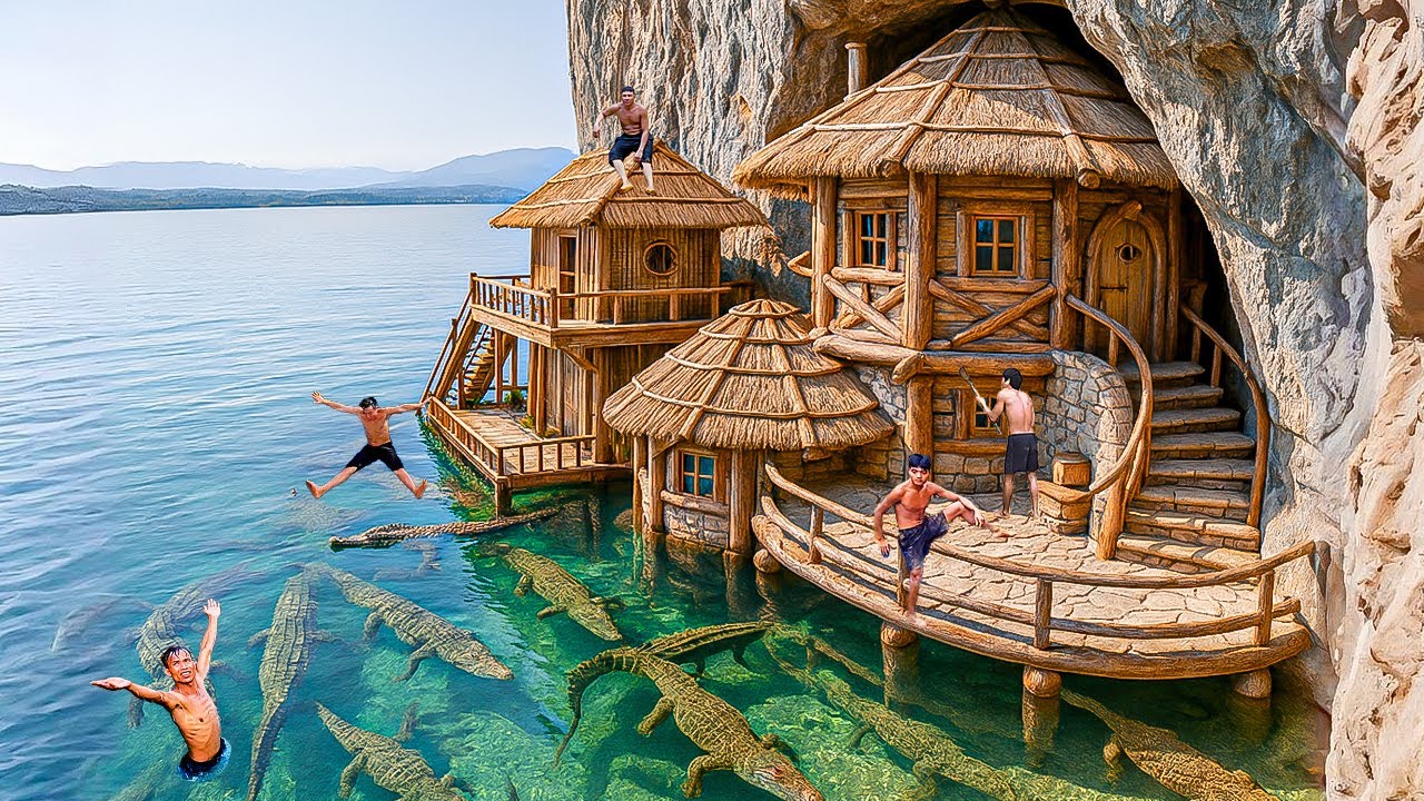 150 Days Building a Floating Cabin on Pillars Above Dangerous Crocodile River Using Primitive Tools
