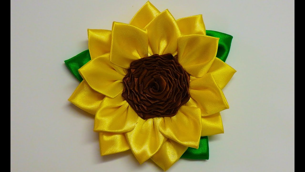 DIY Kanzashi sunflower, how to make kanzashi flower, diy flores de cinta