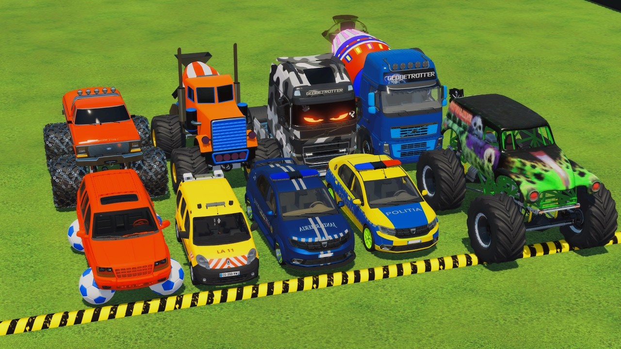 TRANSPORTING POLICE CARS, MONSTER TRUCK, FIRE TRUCK, COLORFUL CARS WITH TRAIN - FS22 #215
