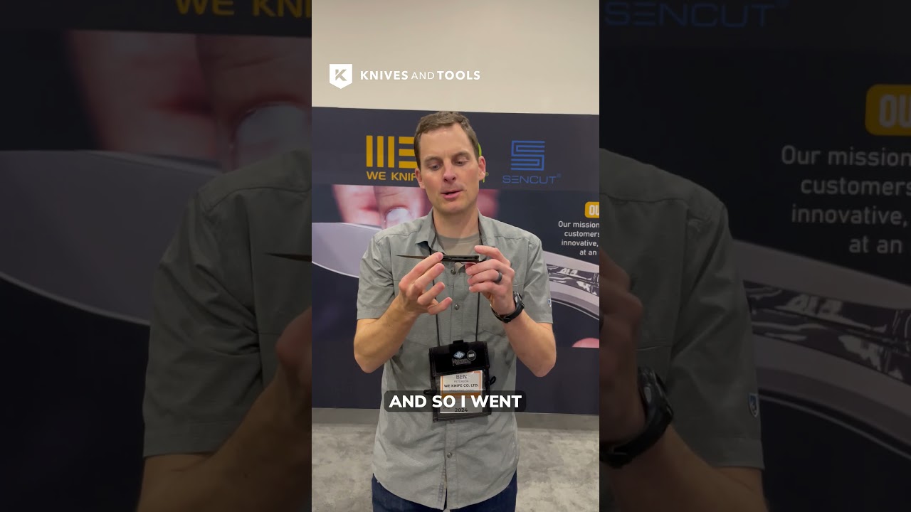 Ben Petersen Shows off WE knives Banter wharncliffe at ShotShow 2024