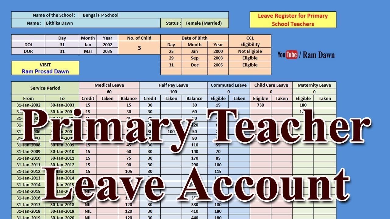 Primary Teachers Leave Register Excel Sheet